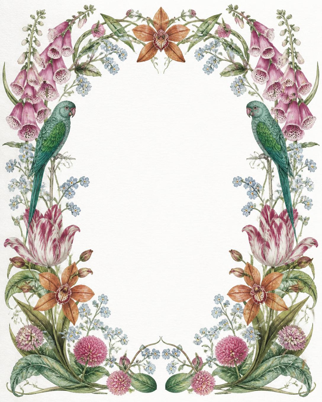 Watercolour botanical border with foxgloves, tulips and emerald parrots